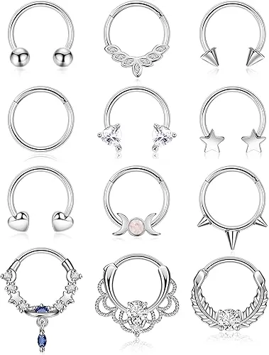 16G 12Pcs 316L Stainless Steel Septum Rings for Women Men Horseshoe Nose Ring Septum Cartilage Helix Tragus Hoop Hinged Segment Clicker Ring Cute Star Heart Daith Conch Piercing Jewelry
