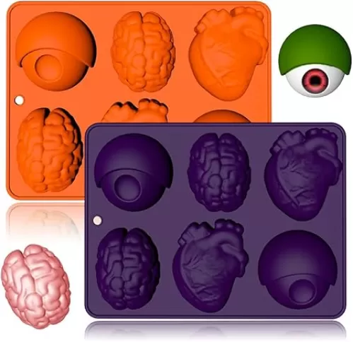 2 Pack Human Brain Eyeball Heart Silicone Molds 3D Organ Shapes Silicone Mold for Aromatherapy Candles Chocolate Candy Gummy Crayon Soap Cake Cupcake Topper Decorations for Halloween Party Props