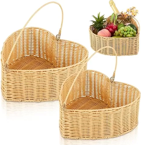 2 Pcs Heart Wicker Picnic Basket with Handle Medium and Small Heart Shaped Baskets Hand Woven Rattan Empty Basket for Camping Outdoor Party Couple Birthday Wedding Valentine Gift