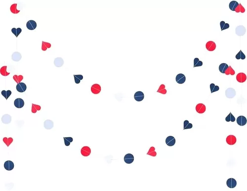 20 Ft Navy Blue Red White Circle Dots Paper Garland and Heart Streamers Garland for July 4th Party Independence Day, Birthday, Wedding, Baby Shower, Memorial Day, Veterans Day, Home, Garden Decoration