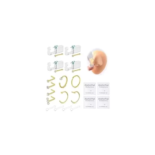 20PCS Nose Piercing Kit, Nose Piercing Guns with 20G Nose Rings Hoops Stainless Steel Nose Stud Round CZ Heart Simulated L Shaped Nose Stud Hypoallergenic Nostril Piercing Jewelry for Women Men