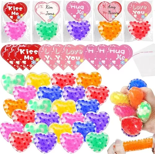 24 Set Heart Squishy Stress Balls with Love Cards, Bags, Heart-Shaped Fidget Stress Relief Squeeze Ball for Adults Party Favors, Fillers, Easter Prizes