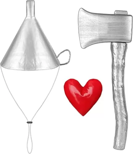 3 PCS Silver Funnel Hat Axe with Heart Brooch, Halloween Tin Costume Accessories for Adult, Kids Cosplay Party