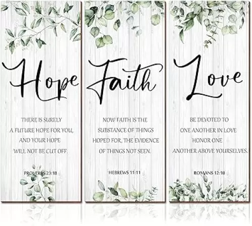 3 Pieces Faith Hope Love Wall Decor Bible Verse Inspirational Wall Art Hanging Plaque Rustic Wooden Green Leaves Sign Scripture Quote for Home Bedroom Decoration