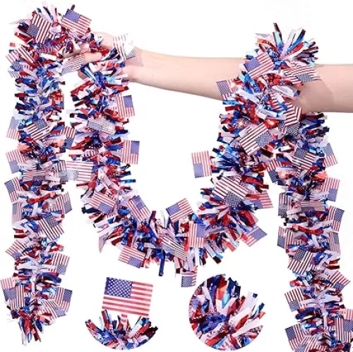 33FT 4th of July Patriotic Decor Tinsel Garland Decorations, Red White and Blue USA Flag Garlands for Memorial Day Decor Fourth of July Independence Day Indoor Outdoor Yard Home Party Decor Supplies
