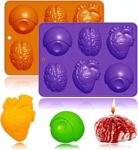 3D Human Brain Heart Eye Silicone Molds, 2 Pack Realistic Halloween Organ Shapes Silicone Muffin Molds for Chocolate Pudding Dessert Jelly Handmade Soap Candle for Halloween Party Props