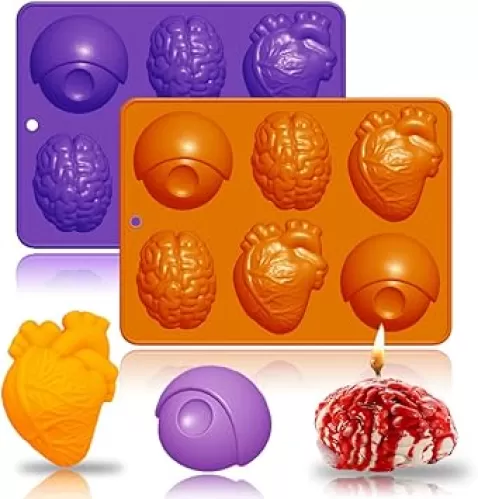 3D Human Organ Silicone Molds, 2 Pack Realistic Halloween Organ with Brain Heart Eye Shapes Silicone Muffin Molds for Chocolate Pudding Dessert Jelly Handmade Soap Candle for Halloween Party Props