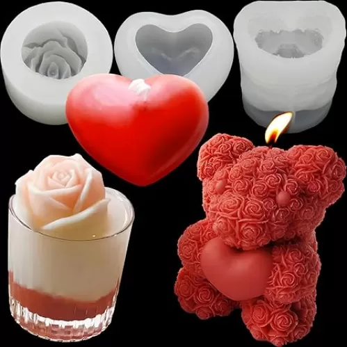 3D Rose Bear Silicone Molds 3D Rose Heart Candle Molds Mother