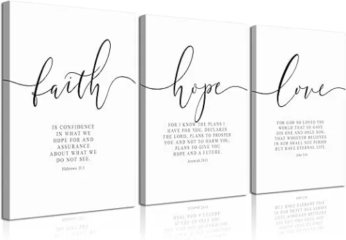 3Pcs Framed Faith Hope Love Bible Verse Canvas Wall Art Christian Scripture Quote Posters Prints Inspirational Religious Wall Decor Pictures Paintings for Living Room Bedroom Home Decoration