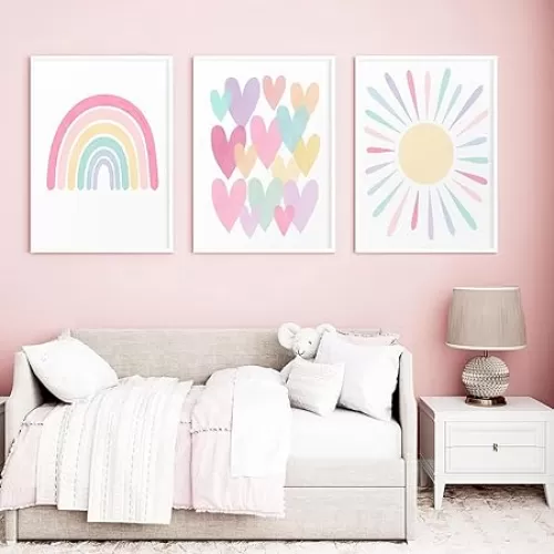 3Pcs Pink Nursery Canvas Wall Art Pastel Rainbow Sun Hearts Posters Prints Boho Pink Sunshine Painting Wall Decor Pictures for Toddler Girls Baby Kids Room Decoration, Unframed 16x24in