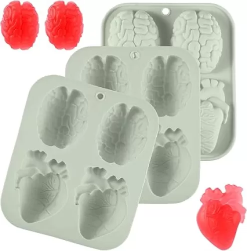 3pcs Silicone 3D Brain Heart Mold, Halloween Chocolate Mould Organs Shaped Silicone Cake Jello Muffin Molds for Halloween Party Props Pudding Chocolate Dessert Jelly (Grey)