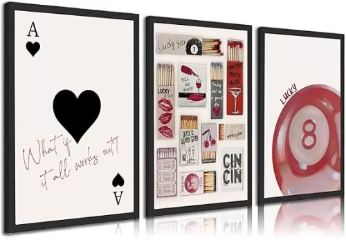 3pcs Trendy Vintage Matchbox Canvas Wall Art Red Lucky Pool Ball Ace Of Hearts Posters Prints Fashion Coquette Preppy Wall Decor Pictures For Bedroom Dorm Scene Home Decoration Unframed