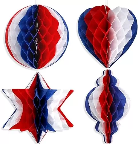 4 Pcs 4th of July Ornaments, Independence Day Tree Decoration, Paper Honeycomb Balls Hanging Ornaments, Heart Stars Shapes Red Blue White Home Decor Party Supplies
