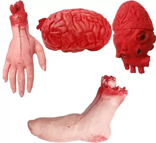 4 PCS Bloody Body Parts Props, Bloody Broken Body Parts, Bloody Dead Body Parts, Realistic Halloween Bloody Props Fake Scary Severed Hand Foot Brain Heart Molds Set for Haunted House Halloween Decor