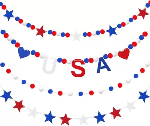4 Pcs Independence Day Star Felt Banner Red Blue White USA Felt Banner Patriotic Pom Pom Ball Garland 4th of July Heart Pompom Hanging Banner Hanging Garland for Independence Day Home Party Favors
