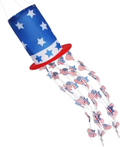 40 Inch American Flag Windsock Patriotic 4th of July Decorations American Flag Windsock Shape of Hat with Embroidered Stars, Heart, Red White and Blue Decor for Memorial Day, Outside