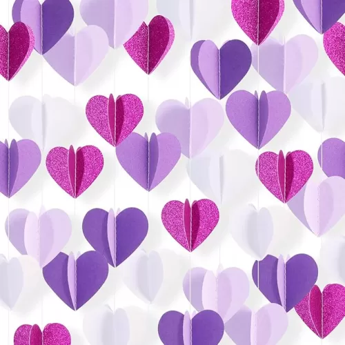 49FT Purple White 3D-Heart-Shaped Garland Banner for Valentine's Day Galentine’s Day Decoration Hanging Paper Streamers, Engagement Wedding, Bridal Party, Baby Shower Birthday Party Supplies