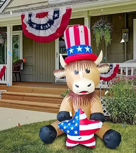 4FT Patriotic Independence Day 4th of July Inflatable Highland Cow Holding America Heart LED Lighted Blow Up Decoration Decor Home Yard Outdoor Indoor Decoration