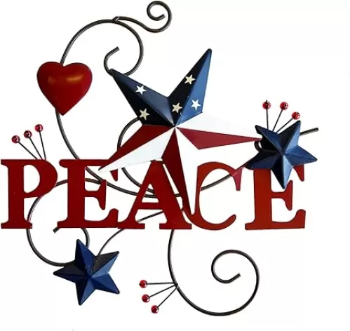 4homemax Primitive Country Metal Hanging Wall Art Sculpture- Metal Hearts and Americana Stars with Faith - July 4th Farmhouse Patriotic Indoor Outdoor Wall Decor (Peace)