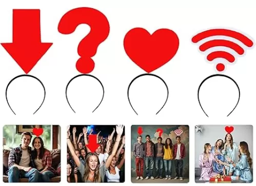 4Pcs Funny Arrow Headbands Set | Red Symbol Hairbands with Question Mark, Heart & WiFi Designs for Concerts, Halloween, Cosplay & Photo Props - Soft Stretchy Headbands for Women, Men & Kids