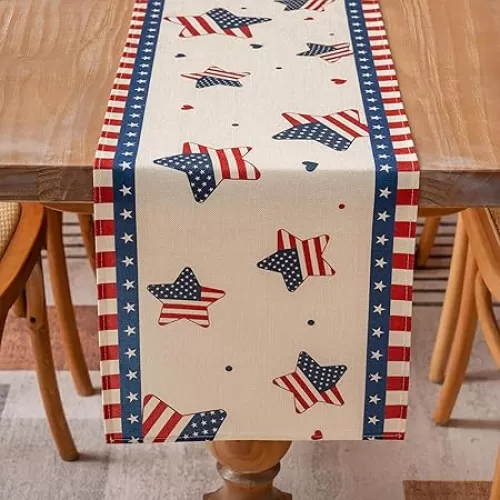 4th of July 13x60 Patriotic Memorial Day Table Runner American Flag Stars Hearts Polyester Independence Day American Table Decoration Washable Waterproof for Party Picnic Dinner