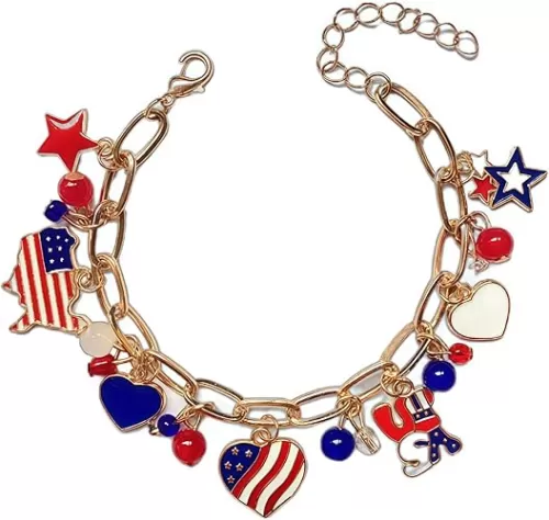 4th of July Bracelet for Women - Patriotic Outfits Red White Blue USA Charm Bracelet with American Flag Pendants, Perfect Fourth of July Jewelry & Independence Day Accessories, Adjustable 7-9.25 Inch