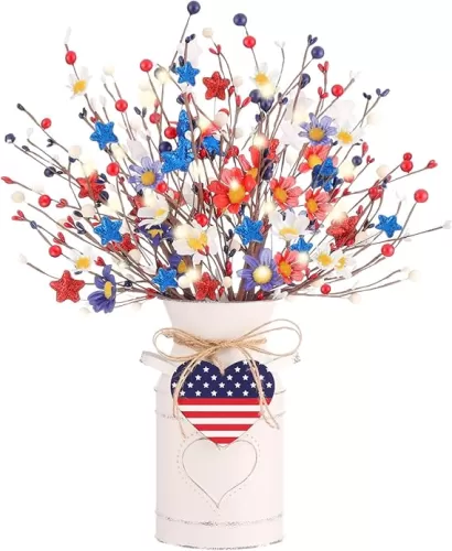 4th of July Decorations Red White and Blue Patriotic Decor with 5 Artificial Berry Stem, White Galvanized Vase, LED Light String, Heart Wood Card for Fourth of July Independence Day Memorial Day