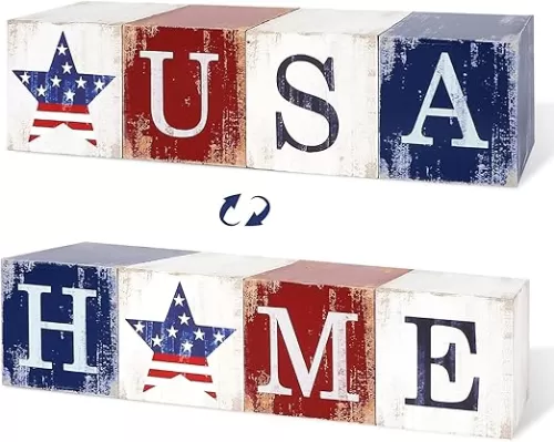 4th of July Decorations Wooden Stars, Patriotic Memorial Day Star Tiered Tray Decor Set of 4, Fourth of July Red White Blue Decoration for Home Office Table Shelf (USA Home Sign)