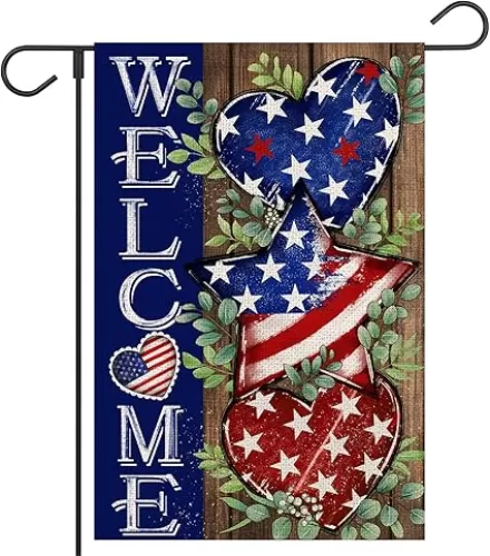 4th of July Garden Flag 12x18 Inch Double Sided Outside Burlap Red Patriotic American Heart and Stripes Independence Day Welcome Holiday Yard Outdoor Decoration