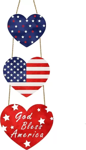 4th of July Hanging Ornament Wooden Decorations Patriotic Heart America Flag Sign for Front Door Wreath Vintage Independent Day Memorial Day Hanging Porch Wall Home Decor