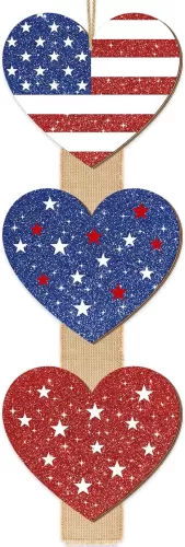 4th of July Hearts Door Sign Decorations, Patriotic Heart Stars Glitter Wooden Signs Red White Blue Independence Day Wreath with Burlap, Memorial Day Front Door Hanger Porch Wall Home Decor 3 Plaques