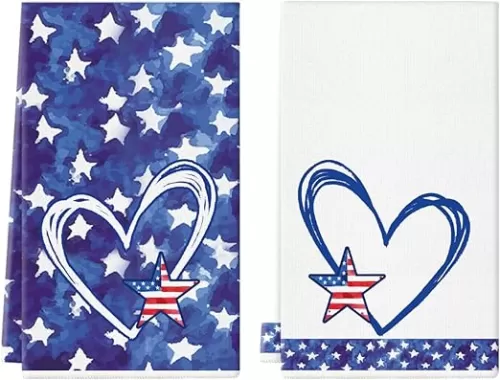 4th of July Kitchen Towels 18x26 Inch Blue Hearts Stars Flag Dish Towel Hand Towels Memorial Day Independence Day Patriotic Home Kitchen Decoration Set of 2
