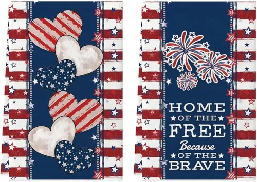 4th of July Kitchen Towels Patriotic Decorations Stripe Stars Heart Dish Towels Memorial Day Independence Day Hand Towels 18x26 Inch Set of 2
