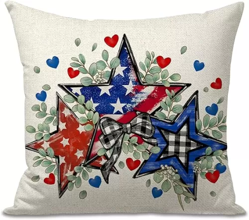 4th of July Pillow Cover 18 x 18 Inch America Stars Eucalyptus Buffalo Plaid Bow Love Hearts Patriotic Independence Day Memorial Day Throw Pillow Case for Sofa Couch Decoration