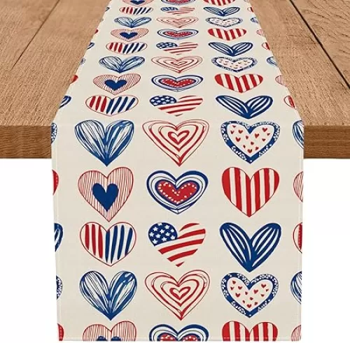 4th of July Table Runner Blue and Red Hearts Table Decoration for Home Memorial Day Independence Day Patriotic Indoor Kitchen Dining Decor 13x72 Inch