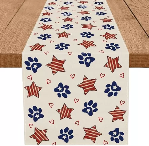 4th of July Table Runner Dog Paw Stars Heart Memorial Day Independence Day Patriotic Decorations Kitchen Dining Table Home Decor 13x48 Inch