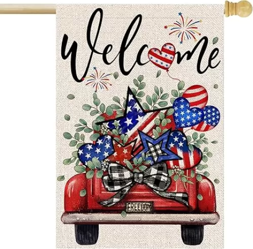4th of July Welcome House Flag 28x40 Inch Double Sided Outside America Stars Hearts Truck Eucalyptus Independence Day Holiday Outdoor Yard Patriotic Decoration