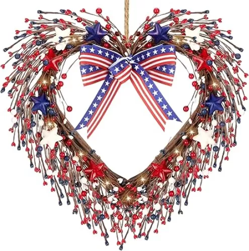 4th of July Wreaths for Front Door Lighted Up Patriotic Heart Red White Blue Pip Berry Star Wreath 12 Inch with String Light Independence Veterans Day for Indoor Outdoor Window Decorations