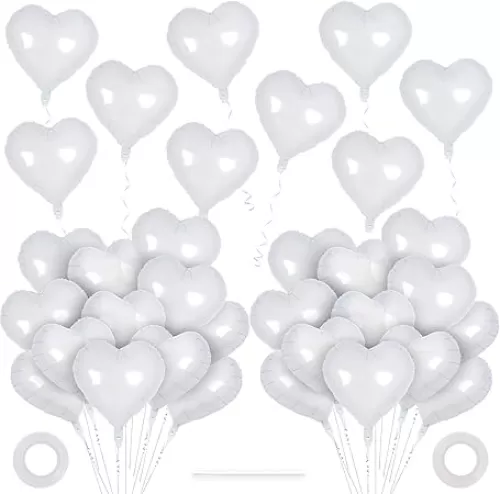 50 Pcs Heart Balloons, 10 Inch Heart Shape Foil Balloons Love Balloon Valentine Balloon for Birthday Party Wedding Engagement Party Baby Shower Valentine Day Decorations (White)