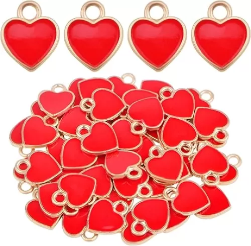 50pcs Enamel Red Heart Shaped Charms Alloy Love Heart Dangle Pendants Valentine’s Day Hanging Ornaments for DIY Bracelet Necklace Earrings Jewelry Making Decor