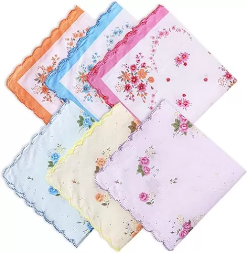 6 Pieces Cotton Handkerchiefs for Women, Ladies' Vintage Floral Handkerchiefs Soft Floral Handkerchief Embroidered Ladies Hankies Sweat Handkerchief for Women Wedding