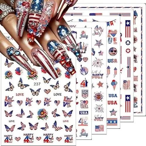 6 Sheets 4th of July Nail Stickers Independence Day Patriotic Nail Decals American Flag Butterfly Heart Nail Art Stickers 3D Self Adhesive Nail Accessories Fourth of July DIY Manicure Decorations