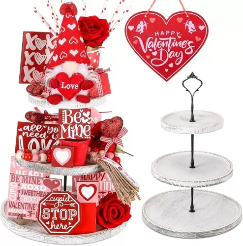 61 Pcs Valentine Tiered Tray Decoration Set 3 Tiered Tray Stand with Plush Gnome Wooden Heart Block Sign Hanging Ornament Bead Garland Bucket Flower for Valentine's Day Home Table
