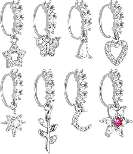 8 PCS Dangle Nose Ring Hoop for Women, 8 Styles Septum Nose Piercing Jewelry Cartilage Earring Cute CZ Flower Leaf Heart Star Butterfly Shape Nose Rings Hoops