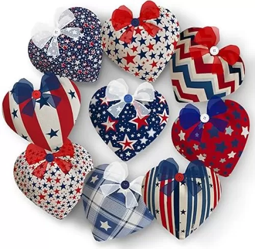 9 Pcs 4th of July Heart Decoration 3.54 inch Independence Day Tiered Tray Decor Stuffed Fabric Star Patriotic Blue Red White Ornaments Stars for Memorial Day Rustic Home Table Craft Decor