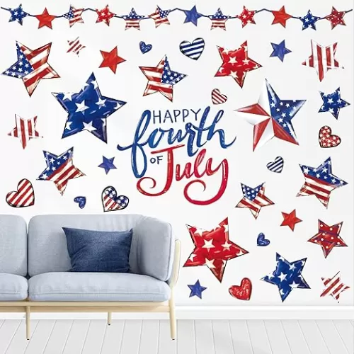 9 Sheets Patriotic Wall Stickers Watercolor 4th of July Window Decals Vintage Red White Blue Star Heart Room Mural Stickers for Independence Memorial Day Party Home Decor, 7.9 x 11.8 Inch