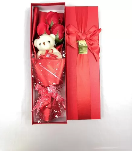 Abbie Home Flower Bouquet 3 Scented Soap Roses Gift Box with Cute Teddy Bear for Her Him Valentine