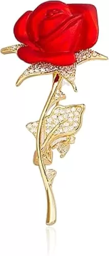 Anmpab Rhinestone Rose Flower Brooch Pin for Women Red Green Crystal Big Leaf Brooch Lapel Pins Elegant Dress Accessories Jewelry Boutonniere Corsage for Hat Bag Suit Tie Valentine Wedding Mother Day
