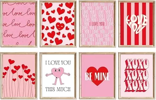 AnyDesign 8 Sheet Valentine's Day Wall Art Prints Red Pink Love Heart Posters Decorative Sweet Art Poster for Wedding Anniversary Home Gallery Decor, 8 x 10 Inch, Unframed