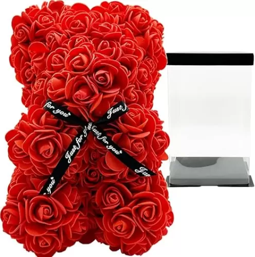 Artificial Flowers Rose Bear, Rose Teddy Bear, Forever Rose Permanent Flower for Window Display, Anniversary Christmas Valentines Gift in Clear Gift Box, Red